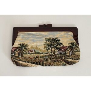 Vintage Needle Point Clutch Purse Kiss Lock Landscape Tapestry Cottagecore Twee